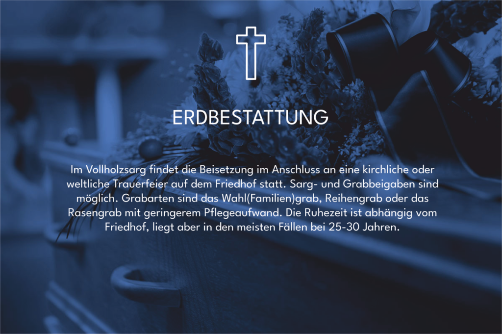 Ein Text zur Bestattungsart Erdbestattung im Hintergrund ist ein Sarg mit Blumengesteck zu sehen. Das Bild ist in einem bläulichem Ton gehalten