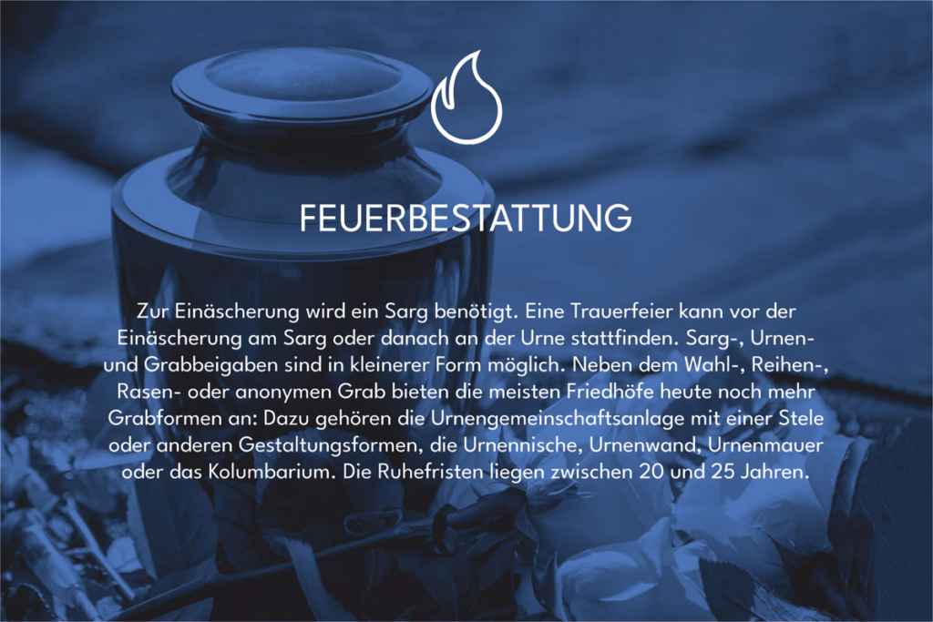 Ein Text zur Bestattungsart Feuerbestattung im Hintergrund ist eine Urne zu sehen. Das Bild ist in einem bläulichem Ton gehalten