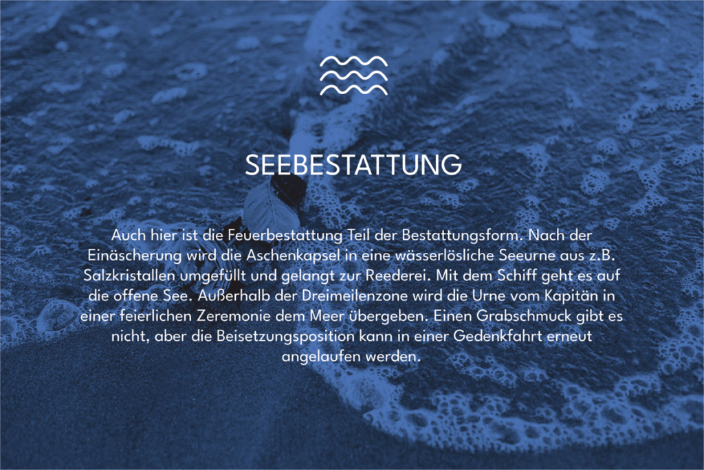 Ein Text zur Bestattungsart seebestattung im Hintergrund ist eine schwimmende Rose auf dem Wasser zu sehen. Das Bild ist in einem bläulichem Ton gehalten